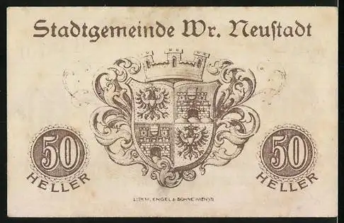 Notgeld Wiener Neustadt 1920, 50 Heller, Stadtansicht und Wappen der Stadtgemeinde