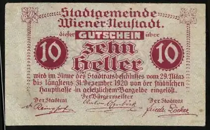 Notgeld Wiener Neustadt 1920, 10 Heller, Stadtansicht mit Reckturm und Pfarrkirche, Wappen