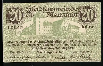 Notgeld Wiener Neustadt 1920, 20 Heller, Stadtansicht und Wasserturm