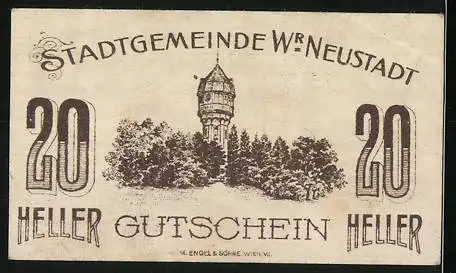 Notgeld Wiener Neustadt 1920, 20 Heller, Stadtansicht und Wasserturm