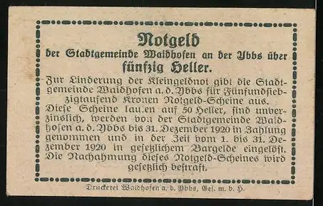 Notgeld Waidhofen an der Ybbs 1920, 50 Heller, Turm und Schriftmuster