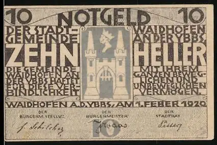 Notgeld Waidhofen an der Ybbs 1920, 10 Heller, Stadttor-Motiv, Signaturen, Text über Zahlungsanweisungen