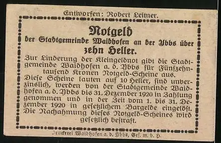 Notgeld Waidhofen an der Ybbs 1920, 10 Heller, Stadttor-Motiv, Signaturen, Text über Zahlungsanweisungen