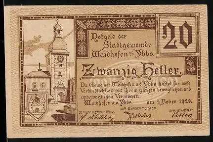 Notgeld Waidhofen an der Ybbs 1920, 20 Heller, Stadtturm und Textpassage, gestaltet von Robert Schönbrunner