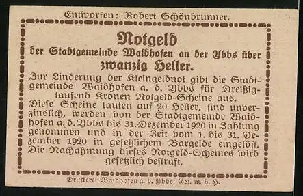 Notgeld Waidhofen an der Ybbs 1920, 20 Heller, Stadtturm und Textpassage, gestaltet von Robert Schönbrunner