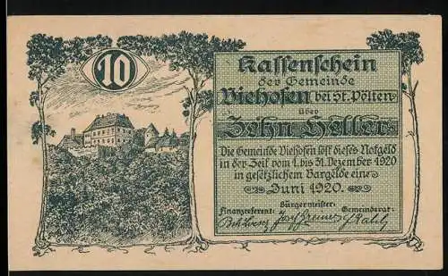 Notgeld Viehofen 1920, 10 Heller, Schlossansicht mit Bäumen und Ornamenten