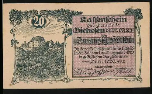 Notgeld Viehofen 1920, 20 Heller, Schlossansicht umrahmt von Bäumen