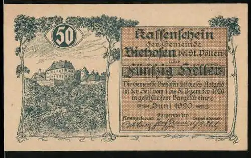 Notgeld Viehofen 1920, 50 Heller, Schlossansicht mit Bäumen und dekorativem Rahmen