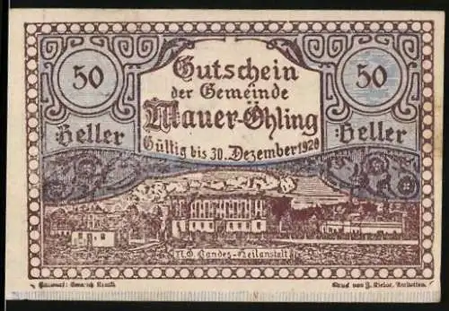 Notgeld Mauer-Öhling 1920, 50 Heller, Landes-Heilanstalt-Motiv