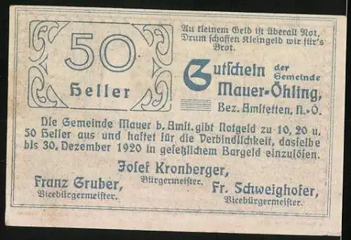 Notgeld Mauer-Öhling 1920, 50 Heller, Landes-Heilanstalt-Motiv