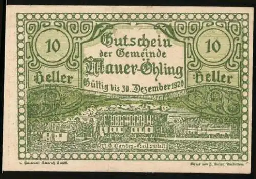 Notgeld Mauer-Öhling 1920, 10 Heller, Landschaftsmotiv und Gemeindesiegel