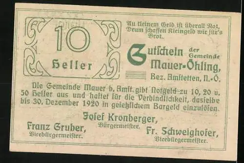 Notgeld Mauer-Öhling 1920, 10 Heller, Landschaftsmotiv und Gemeindesiegel