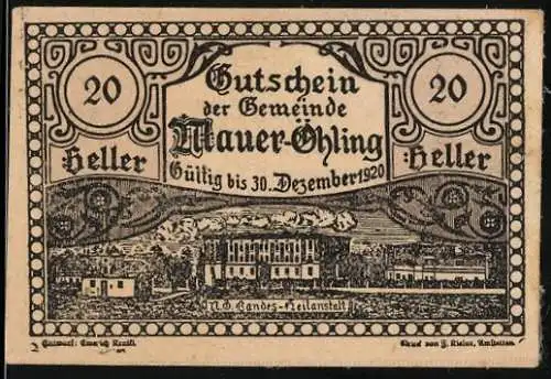 Notgeld Mauer-Öhling 1920, 20 Heller, Gebäudeansicht und verzierte Umrandung