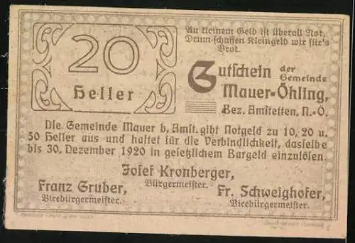 Notgeld Mauer-Öhling 1920, 20 Heller, Gebäudeansicht und verzierte Umrandung