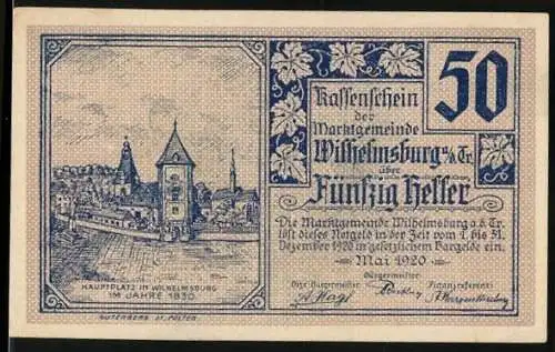 Notgeld Wilhelmsburg 1920, 50 Heller, Hauptplatzansicht und Wappen mit Gebäudeornamentik