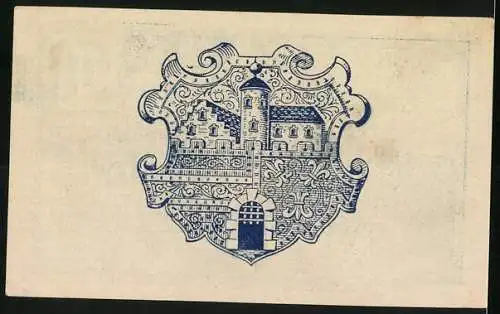 Notgeld Wilhelmsburg 1920, 50 Heller, Hauptplatzansicht und Wappen mit Gebäudeornamentik