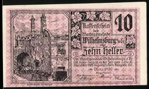 Notgeld Wilhelmsburg 1920, 10 Heller, Stadtszene mit Türmen und Wappen