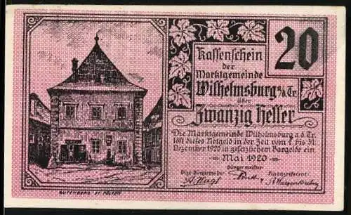 Notgeld Wilhelmsburg 1920, 20 Heller, Gebäudeansicht und dekoratives Wappenmotiv