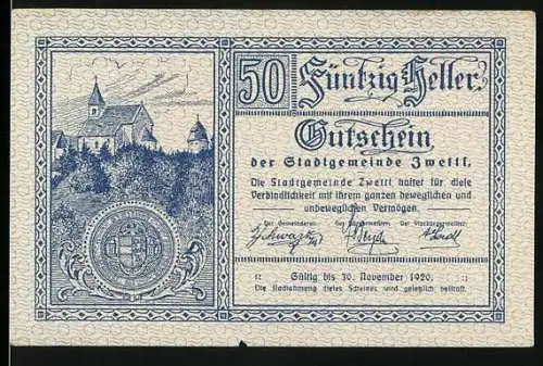 Notgeld Zwettl 1920, 50 Heller, Kirche und Stadtwappen