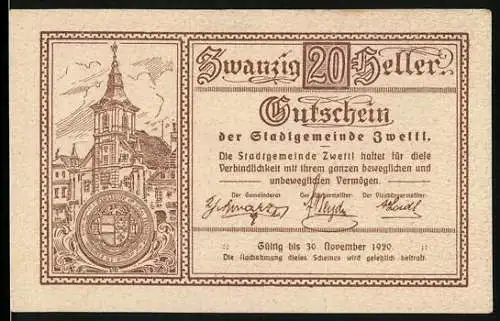 Notgeld Zwettl 1920, 20 Heller, Stadtansicht mit Kirchturm und Wappen, gültig bis 30. November 1920