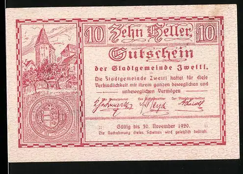 Notgeld Zwettl 1920, 10 Heller, Stadtansicht und Wappen, gültig bis 30. November 1920