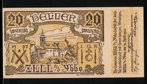 Notgeld Zell a. d. Ybbs 1920, 20 Heller, Dorflandschaft und Zunftzeichen