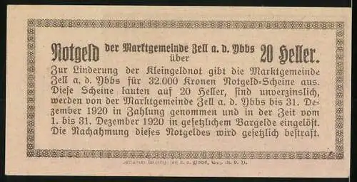 Notgeld Zell a. d. Ybbs 1920, 20 Heller, Dorflandschaft und Zunftzeichen