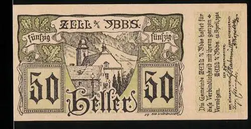 Notgeld Zell an der Ybbs 1920, 50 Heller, Landschaft mit Kirche und Text zur Ausgabe von Notgeldscheinen