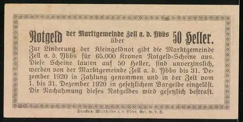 Notgeld Zell an der Ybbs 1920, 50 Heller, Landschaft mit Kirche und Text zur Ausgabe von Notgeldscheinen