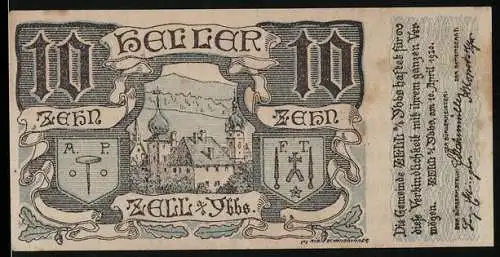 Notgeld Zell a. d. Ybbs 1920, 10 Heller, Burgansicht mit Wappen und Verzierungen