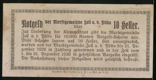 Notgeld Zell a. d. Ybbs 1920, 10 Heller, Burgansicht mit Wappen und Verzierungen