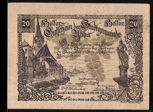 Notgeld Ybbs 1920, 20 Heller, Stadtansicht mit Kirche und Brücke, Siegel mit Burg und Türmen