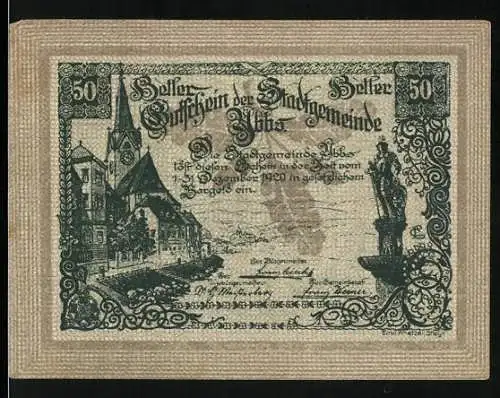 Notgeld Ybbs 1920, 50 Heller, Stadtansicht und Stadtwappen mit Burgmotiv