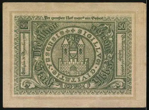 Notgeld Ybbs 1920, 50 Heller, Stadtansicht und Stadtwappen mit Burgmotiv