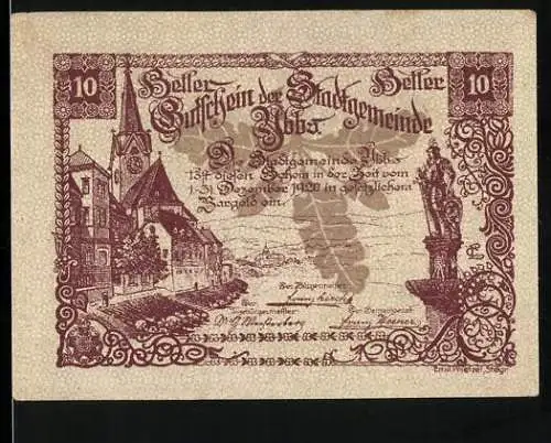 Notgeld Ybbs 1920, 10 Heller, Stadtansicht und Stadtsiegel mit Burgmotiv