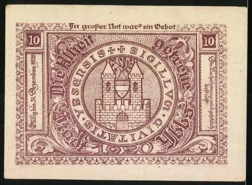 Notgeld Ybbs 1920, 10 Heller, Stadtansicht und Stadtsiegel mit Burgmotiv