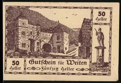 Notgeld Weiten 1920, 50 Heller, Burganlage und Statue, gültig bis 31. Dezember 1920