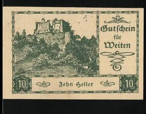 Notgeld Weiten 1920, 10 Heller, Burgruine im Wald, Text über Einlösungsgarantie und Unterschriften