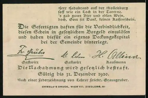 Notgeld Weiten 1920, 10 Heller, Burgruine im Wald, Text über Einlösungsgarantie und Unterschriften