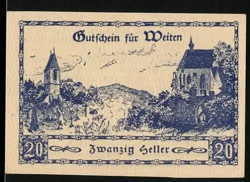 Notgeld Weiten 1920, 20 Heller, Landschaft mit Kirche und Gebäude im Hintergrund