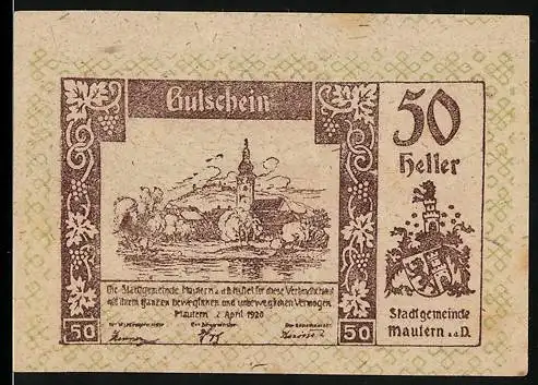 Notgeld Mautern 1920, 50 Heller, Stadtansicht mit Kirche, Wappen und Text