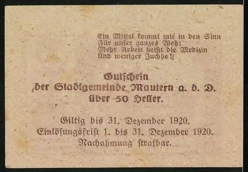 Notgeld Mautern 1920, 50 Heller, Stadtansicht mit Kirche, Wappen und Text