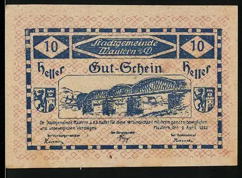 Notgeld Mautern 1920, 10 Heller, Brückenmotiv mit Stadtwappen