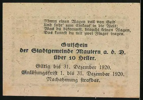 Notgeld Mautern 1920, 10 Heller, Brückenmotiv mit Stadtwappen