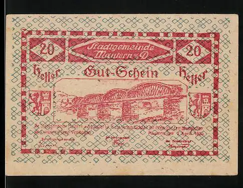 Notgeld Mautern 1920, 20 Heller, Brücke-Motiv mit Stadtwappen