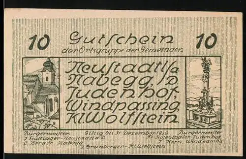 Notgeld Neustadtl 1920, 10 Heller, Kirche, Denkmal, Stadtsilhouette