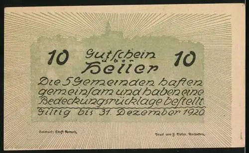 Notgeld Neustadtl 1920, 10 Heller, Kirche, Denkmal, Stadtsilhouette