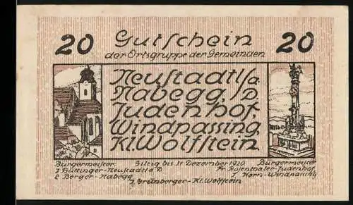 Notgeld Neustadtl 1920, 20 Heller, Kirche und Mariensäule, gültig bis 31. Dezember 1920