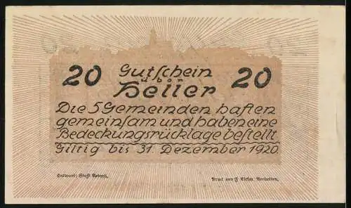 Notgeld Neustadtl 1920, 20 Heller, Kirche und Mariensäule, gültig bis 31. Dezember 1920