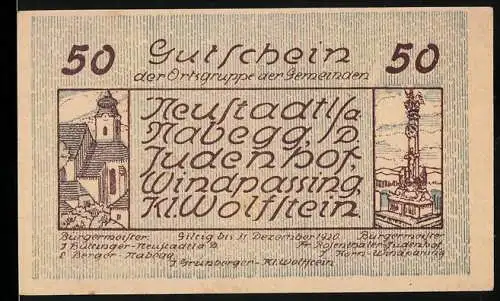 Notgeld Neustadtl an der Donau 1920, 50 Heller, Gemeindeansicht und Landschaftsmotiv